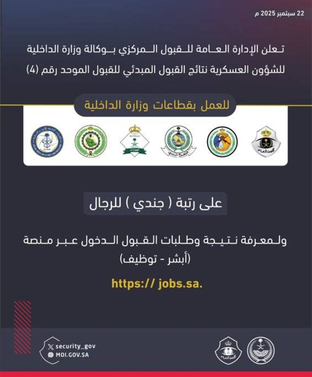 نتائج القبول المبدئي الموحد رقم 4 من وزارة الداخلية